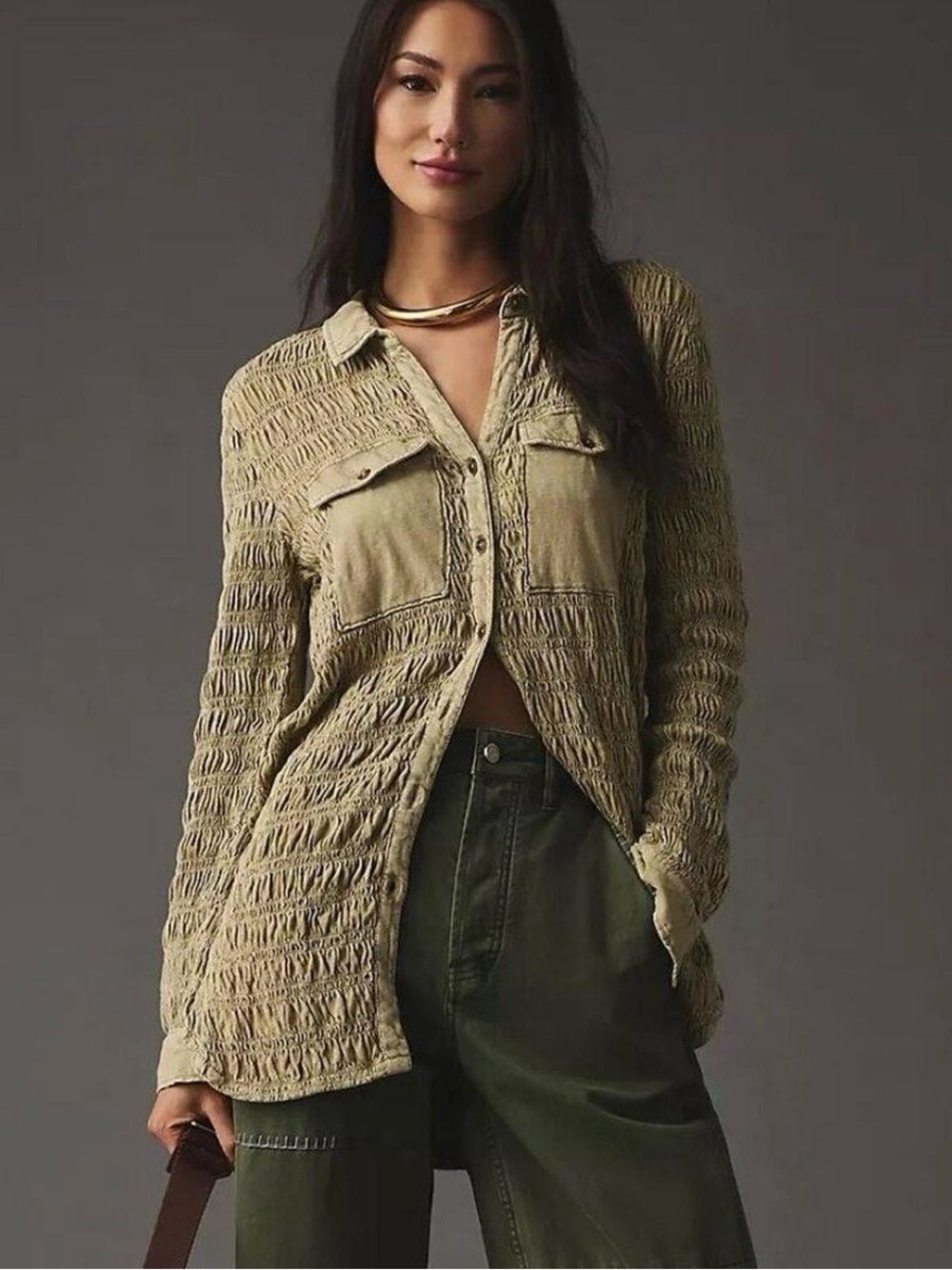 Anthropologie Pilcro Top Womens XXS Brown Button Down Smocked Shacket